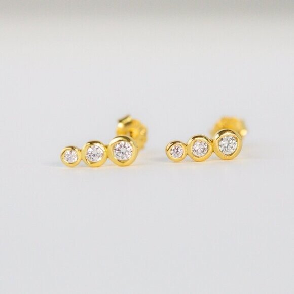 CUTE Climber Stud Earrings Cubic Zirconia Bezel 14K Gold Plated Hypoallergenic - Picture 13 of 13